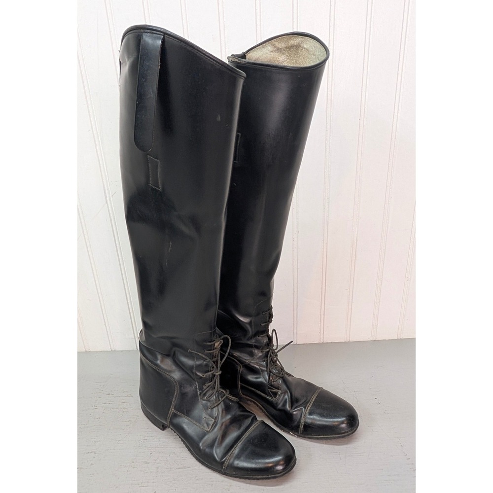 Vtg The Elite Black Leather Tall Equestrian Western Horse Riding Boots USA Sz 8